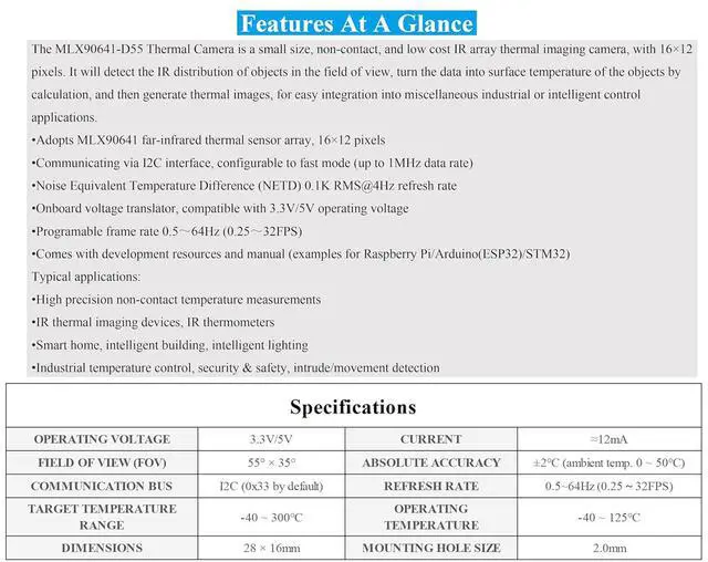Alt view image 4 of 7 - MLX90641 IR Array Thermal Imaging Camera, 55° Field of View, 16x12 Pixels, I2C Interface, Compatible with Raspberry Pi 5/ 4B/3B+/3B/2B/A+/Zero W/WH/Zero 2 W/Pico 2W/Ar-duino/STM32,etc.