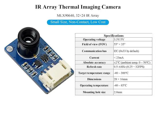 Alt view image 3 of 7 - MLX90640 IR Array Thermal Imaging Camera, 55° FOV (Field of View), 32x24 IR Array, I2C Interface, Compatible with Raspberry Pi 5/ 4B/3B+/3B/2B/A+/Zero W/WH/Zero 2 W/Pico 2W/Ar-duino/STM32,etc.