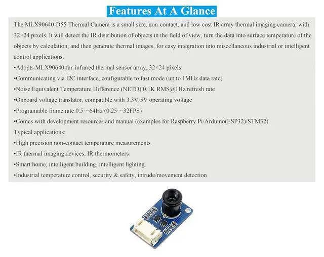Alt view image 5 of 7 - MLX90640 IR Array Thermal Imaging Camera, 55° FOV (Field of View), 32x24 IR Array, I2C Interface, Compatible with Raspberry Pi 5/ 4B/3B+/3B/2B/A+/Zero W/WH/Zero 2 W/Pico 2W/Ar-duino/STM32,etc.