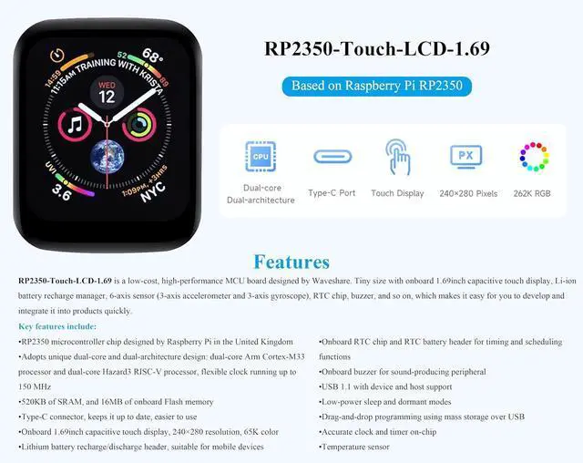 Alt view image 2 of 7 - RP2350 Microcontroller Development Board with 1.69inch Touch LCD 240×280 Pixel, Rounded Corners, Dual-Core & Dual-Architecture Design, 16MB Flash, Accelerometer and Gyroscope Sensor,USB Type-C Port