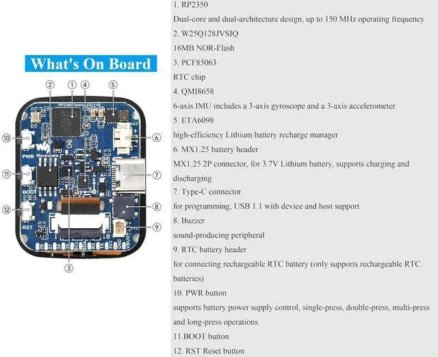 Alt view image 4 of 7 - RP2350 Microcontroller Development Board with 1.69inch Touch LCD 240×280 Pixel, Rounded Corners, Dual-Core & Dual-Architecture Design, 16MB Flash, Accelerometer and Gyroscope Sensor,USB Type-C Port
