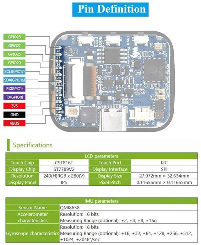 Alt view image 5 of 7 - RP2350 Microcontroller Development Board with 1.69inch Touch LCD 240×280 Pixel, Rounded Corners, Dual-Core & Dual-Architecture Design, 16MB Flash, Accelerometer and Gyroscope Sensor,USB Type-C Port