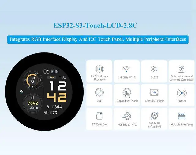 Alt view image 3 of 7 - ESP32-S3 2.8inch Capacitive Touch Round Display Development Board Development Board, 480x480 Resolution IPS Display, 32-bit LX7 Dual-Core Processor, ESP32 with Display, Supports WFi & BLE