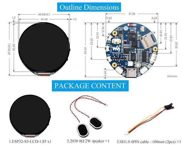 Alt view image 7 of 7 - ESP32-S3 with 1.85inch Round LCD Development Board, 360x360 Pixels, 262K Color, with 8 2W Speaker, Onboard Audio Codec, Supports Offline Speech Recognition and AI Speech Interaction