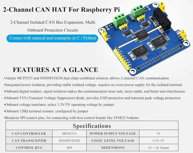 Alt view image 3 of 7 - 2-CH CAN HAT 2-Channel Isolated CAN Bus Expansion HAT for Raspberry Pi 5/4B/3B/2B/Zero/Zero W/Zero WH, MCP2515 + SN65HVD230 Dual Chips Solution,Multi Onboard Protection Circuits