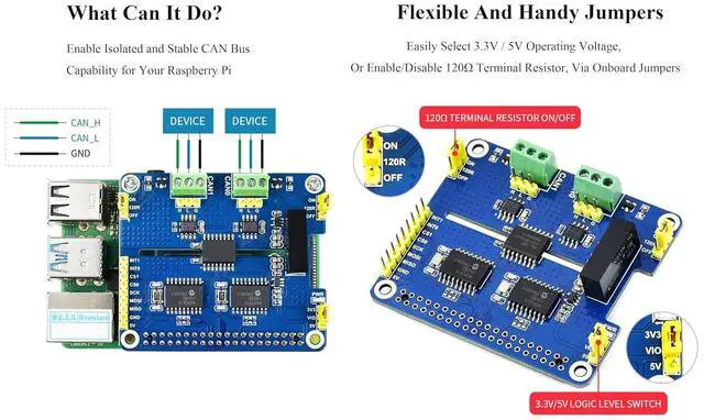 Alt view image 4 of 7 - 2-CH CAN HAT 2-Channel Isolated CAN Bus Expansion HAT for Raspberry Pi 5/4B/3B/2B/Zero/Zero W/Zero WH, MCP2515 + SN65HVD230 Dual Chips Solution,Multi Onboard Protection Circuits