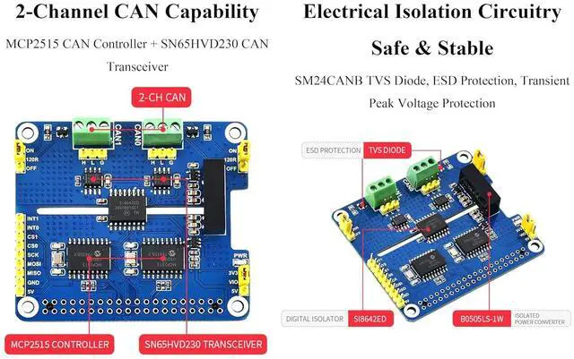 Alt view image 6 of 7 - 2-CH CAN HAT 2-Channel Isolated CAN Bus Expansion HAT for Raspberry Pi 5/4B/3B/2B/Zero/Zero W/Zero WH, MCP2515 + SN65HVD230 Dual Chips Solution,Multi Onboard Protection Circuits