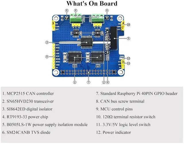 Alt view image 7 of 7 - 2-CH CAN HAT 2-Channel Isolated CAN Bus Expansion HAT for Raspberry Pi 5/4B/3B/2B/Zero/Zero W/Zero WH, MCP2515 + SN65HVD230 Dual Chips Solution,Multi Onboard Protection Circuits