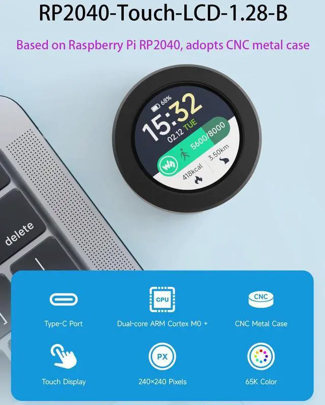 Alt view image 2 of 7 - RP2040 Microcontroller Development Board with 1.28inch Round Touch LCD 240×240 Pixel IPS Display 65K RGB Color with CNC Metal Case, Accelerometer and Gyroscope Sensor, Type-C Connector
