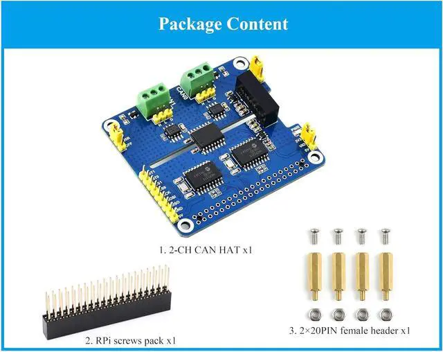 Alt view image 2 of 7 - 2-CH CAN HAT 2-Channel Isolated CAN Bus Expansion HAT for Raspberry Pi 5/4B/3B/2B/Zero/Zero W/Zero WH, MCP2515 + SN65HVD230 Dual Chips Solution,Multi Onboard Protection Circuits