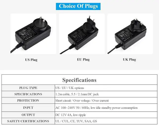Alt view image 3 of 6 - 12V / 4A Power Supply, Power Adapter, DC Jack Output, OD 5.5mm, ID 2.1mm, US Plug