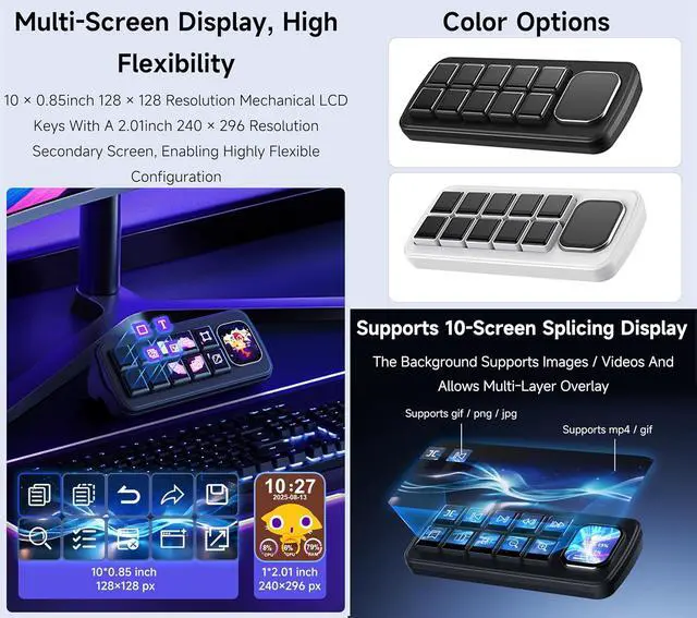 Alt view image 3 of 7 - MK10 Multi-Functional AI Voice Control Panel, Onboard 10x0.85inch Mechanical LCD Macro Keys and 2.01inch Secondary Screen, Linux + QMK Dual-System, Support AI Speech recognition & Interaction, Black