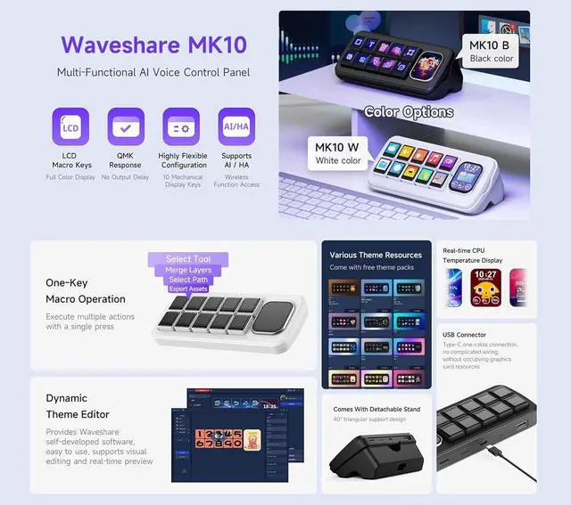 Alt view image 2 of 7 - MK10 Multi-Functional AI Voice Control Panel, Onboard 10x0.85inch Mechanical LCD Macro Keys and 2.01inch Secondary Screen, Linux + QMK Dual-System, Support AI Speech recognition & Interaction, Black