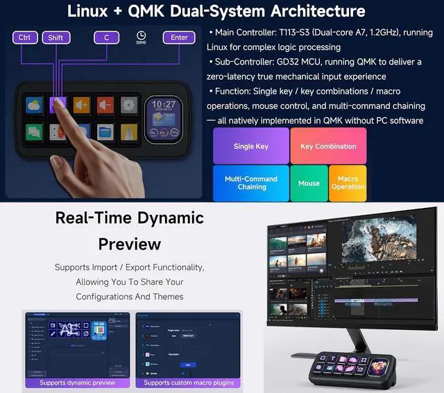 Alt view image 6 of 7 - MK10 Multi-Functional AI Voice Control Panel, Onboard 10x0.85inch Mechanical LCD Macro Keys and 2.01inch Secondary Screen, Linux + QMK Dual-System, Support AI Speech recognition & Interaction, Black