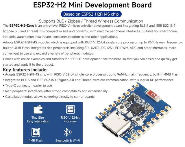 Alt view image 2 of 7 - ESP32-H2 Mini Development Board, Onboard ESP32-H2FH4S with 96MHz Processor, Built-in 4MB Flash, Supports BLE/Zigbee/Thread Wireless Communication, Type-C Connector