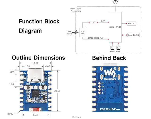 Alt view image 7 of 7 - ESP32-H2 Mini Development Board, Onboard ESP32-H2FH4S with 96MHz Processor, Built-in 4MB Flash, Supports BLE/Zigbee/Thread Wireless Communication, Type-C Connector