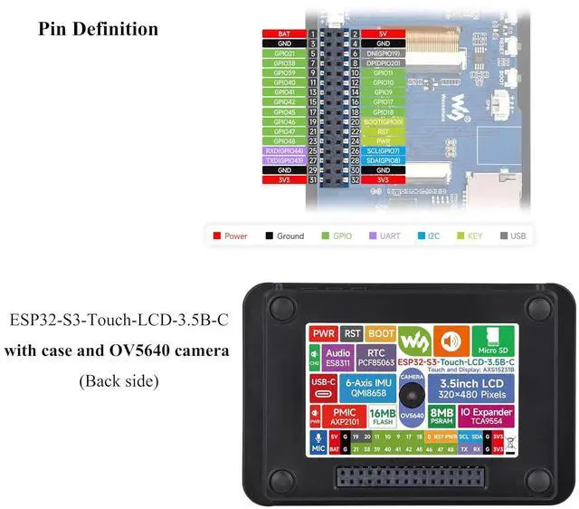Alt view image 7 of 7 - ESP32-S3 3.5inch Capacitive Touch Display Development Board, IPS LCD 320×480, QSPI and I2C, Support AI Speech Interaction,Enabling AI Interaction and Offline Voice Control, with Case + OV5640 Camera