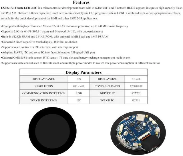 Alt view image 4 of 7 - ESP32-S3 2.8inch Capacitive Touch Round Display Development Board Development Board, 480x480 Resolution IPS Display, 32-bit LX7 Dual-Core Processor, ESP32 with Display, Supports WFi & BLE