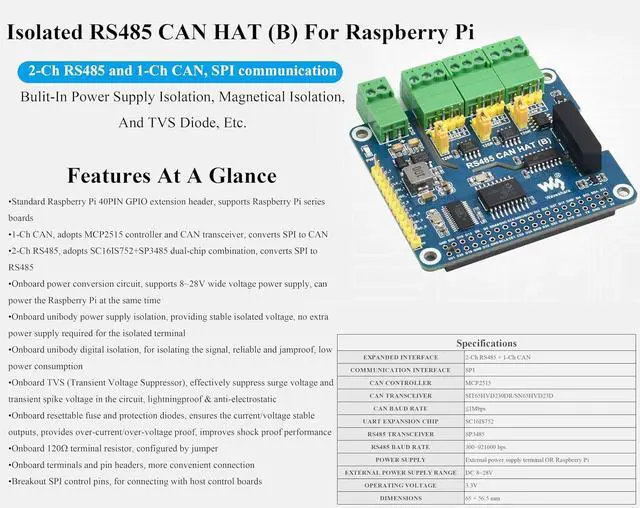 Alt view image 2 of 7 - Industrial Isolated RS485 CAN HAT Compatible with Raspberry Pi 5/4B/3B+/3B/ZeroW/WH/Zero 2W/Pico W/Pico 2 W, Expand 2-Ch RS485 and 1-CH CAN, SPI Communication, Bulit-in Multi Protections