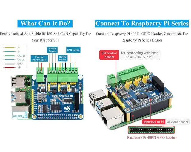 Alt view image 3 of 7 - Industrial Isolated RS485 CAN HAT Compatible with Raspberry Pi 5/4B/3B+/3B/ZeroW/WH/Zero 2W/Pico W/Pico 2 W, Expand 2-Ch RS485 and 1-CH CAN, SPI Communication, Bulit-in Multi Protections