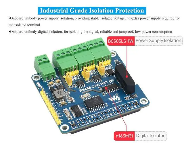 Alt view image 5 of 7 - Industrial Isolated RS485 CAN HAT Compatible with Raspberry Pi 5/4B/3B+/3B/ZeroW/WH/Zero 2W/Pico W/Pico 2 W, Expand 2-Ch RS485 and 1-CH CAN, SPI Communication, Bulit-in Multi Protections