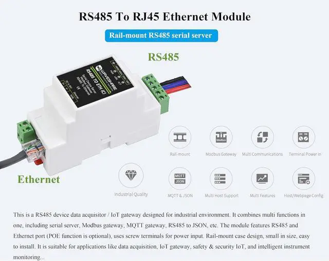 Alt view image 2 of 7 - Industrial Isolated RS485 to RJ45 Ethernet Serial Server, TCP/IP to Serial, 6~36V Power Supply, Support Rail-Mount/Modbus Gateway, TCP Server/TCP Client/UDP Mode, with Electrical Isolation