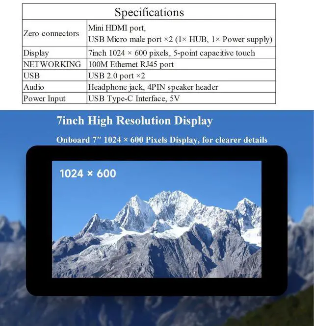 Alt view image 5 of 7 - 7inch Capacitive Touch Display Kit Compatible withRaspberry Pi Zero 2W/Pi Zero W/ Pi Zero, 1024x600 Pixel, IPS Display, Onboard ETH/USB HUB, Adapting RJ45 and USB Port as All-in-One Mini Computer