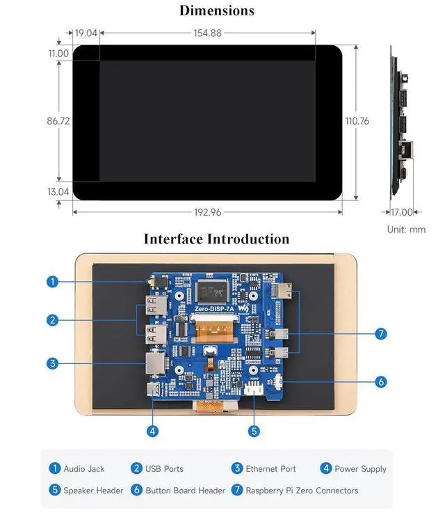Alt view image 7 of 7 - 7inch Capacitive Touch Display Kit Compatible withRaspberry Pi Zero 2W/Pi Zero W/ Pi Zero, 1024x600 Pixel, IPS Display, Onboard ETH/USB HUB, Adapting RJ45 and USB Port as All-in-One Mini Computer