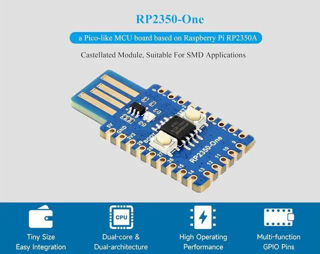 Alt view image 2 of 7 - RP2350-One Pico-Like MCU Board 4MB Flash, Based On RP2350A Dual-Core & Dual-Architecture Microcontroller, Onboard PCB Type-A Plug, Plug and Play, No Additional Cables Required