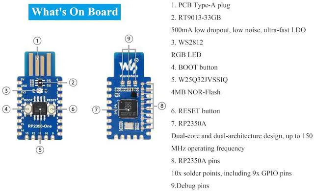 Alt view image 6 of 7 - RP2350-One Pico-Like MCU Board 4MB Flash, Based On RP2350A Dual-Core & Dual-Architecture Microcontroller, Onboard PCB Type-A Plug, Plug and Play, No Additional Cables Required