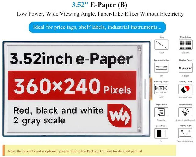 Alt view image 2 of 7 - 3.52inch E-Paper Display Red/Black/White Display Color, 360x240 E-Ink Display Compatible with Raspberry Pi 5/4B/3B+/Zero/Zero W/Zero 2W/Pico/Pico W/Pico 2/Jetson Nano/RDKX3, with Driver Board