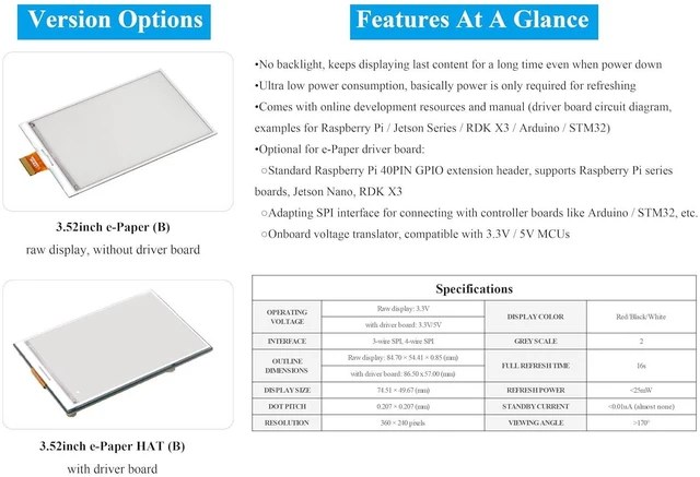 Alt view image 3 of 7 - 3.52inch E-Paper Display Red/Black/White Display Color, 360x240 E-Ink Display Compatible with Raspberry Pi 5/4B/3B+/Zero/Zero W/Zero 2W/Pico/Pico W/Pico 2/Jetson Nano/RDKX3, with Driver Board