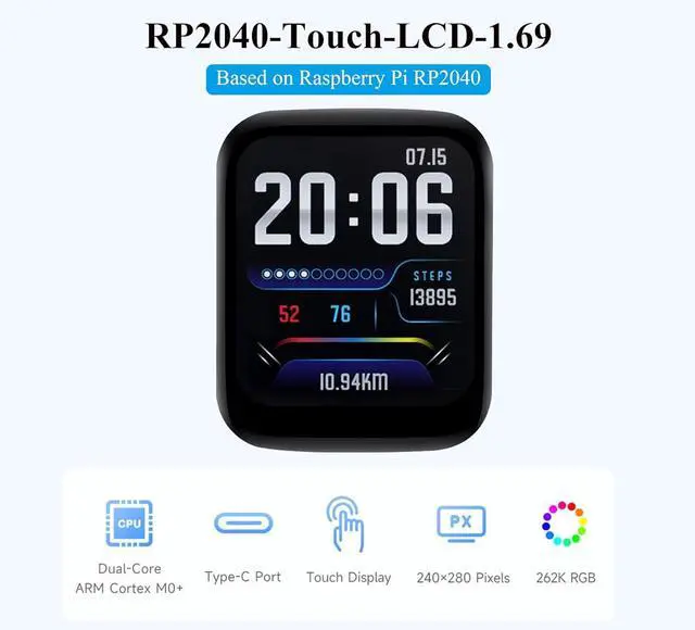 Alt view image 2 of 7 - RP2040 Microcontroller Development Board with 1.69inch Touch Round LCD 240x280, Based on Pi RP2040, Dual-core Arm Processor, 16MB Flash,Accelerometer and Gyroscope Sensor, Type-C Connector
