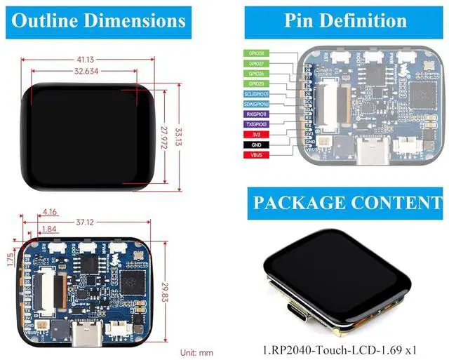 Alt view image 7 of 7 - RP2040 Microcontroller Development Board with 1.69inch Touch Round LCD 240x280, Based on Pi RP2040, Dual-core Arm Processor, 16MB Flash,Accelerometer and Gyroscope Sensor, Type-C Connector