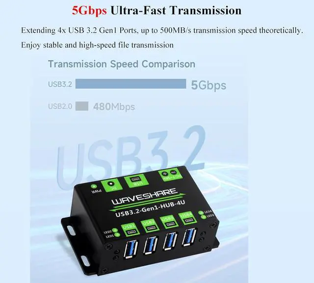 Alt view image 4 of 7 - 4-Ch USB 3.2 Gen1 HUB, 4-Port USB Hub 4X Extended USB 3.2 Gen1 Ports and 5Gbps, Compatible with Windows,Linux and Android Systems and USB 3.2/2.0/1.1, No Driver Required, Plug-and-Play