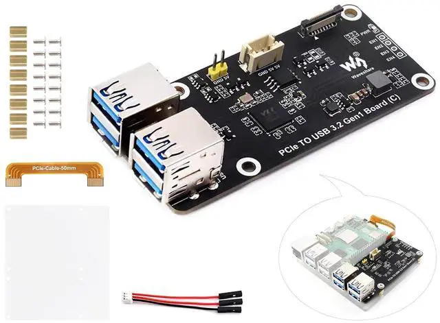Main image of PCIe to 4-CH USB3.2 Gen1 Board for Raspberry Pi 5, Up to 5Gbps Transmission Speed, No Driver Required, Plug and Play, Two Power Supply Methods, Side-Mounting to Raspberry Pi 5