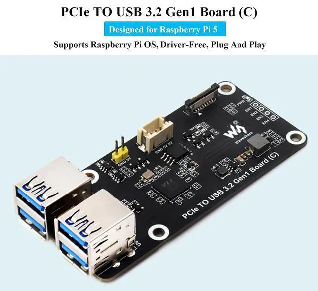 Alt view image 2 of 7 - PCIe to 4-CH USB3.2 Gen1 Board for Raspberry Pi 5, Up to 5Gbps Transmission Speed, No Driver Required, Plug and Play, Two Power Supply Methods, Side-Mounting to Raspberry Pi 5
