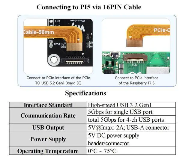 Alt view image 3 of 7 - PCIe to 4-CH USB3.2 Gen1 Board for Raspberry Pi 5, Up to 5Gbps Transmission Speed, No Driver Required, Plug and Play, Two Power Supply Methods, Side-Mounting to Raspberry Pi 5