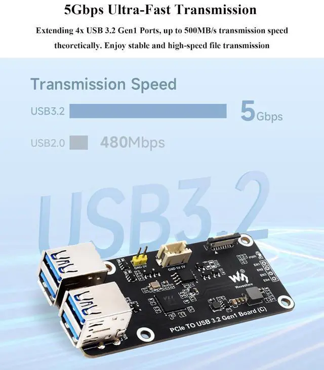 Alt view image 4 of 7 - PCIe to 4-CH USB3.2 Gen1 Board for Raspberry Pi 5, Up to 5Gbps Transmission Speed, No Driver Required, Plug and Play, Two Power Supply Methods, Side-Mounting to Raspberry Pi 5