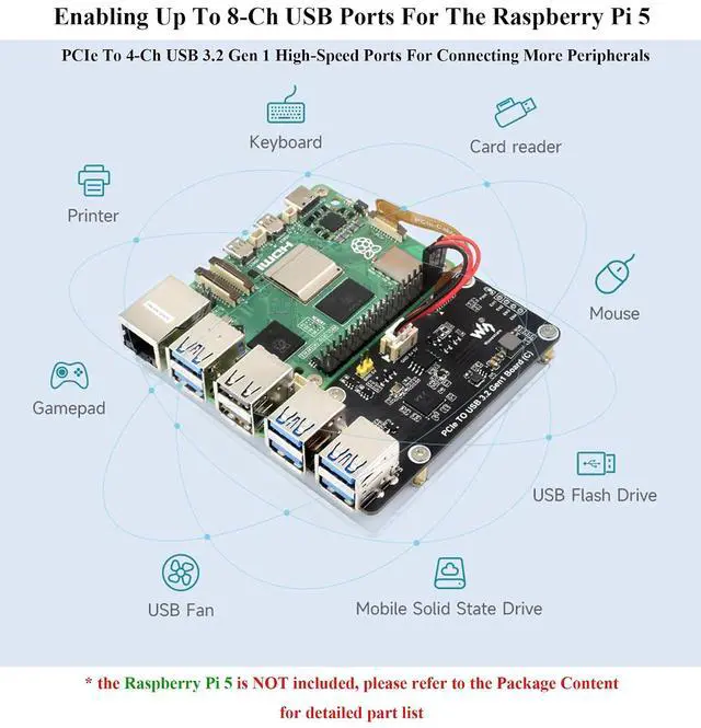 Alt view image 5 of 7 - PCIe to 4-CH USB3.2 Gen1 Board for Raspberry Pi 5, Up to 5Gbps Transmission Speed, No Driver Required, Plug and Play, Two Power Supply Methods, Side-Mounting to Raspberry Pi 5