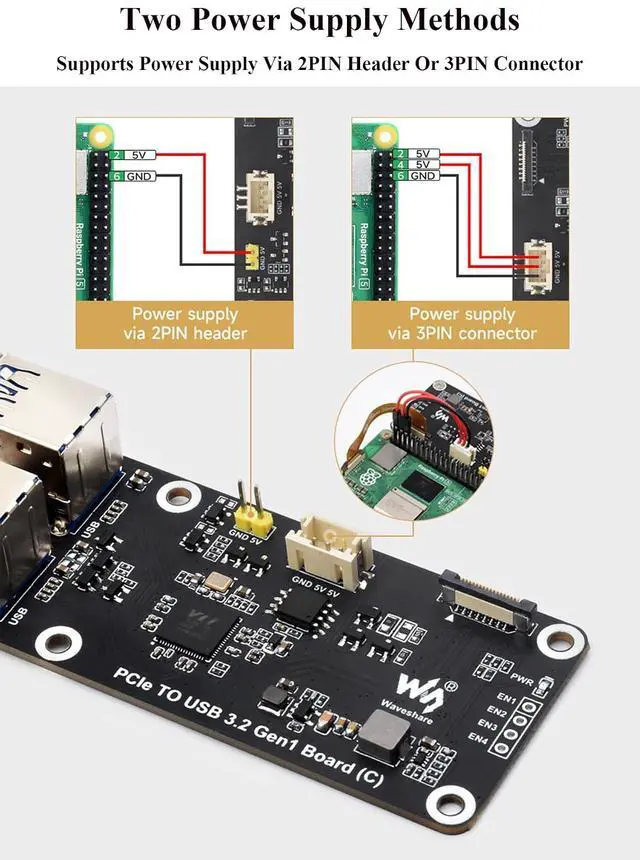 Alt view image 6 of 7 - PCIe to 4-CH USB3.2 Gen1 Board for Raspberry Pi 5, Up to 5Gbps Transmission Speed, No Driver Required, Plug and Play, Two Power Supply Methods, Side-Mounting to Raspberry Pi 5