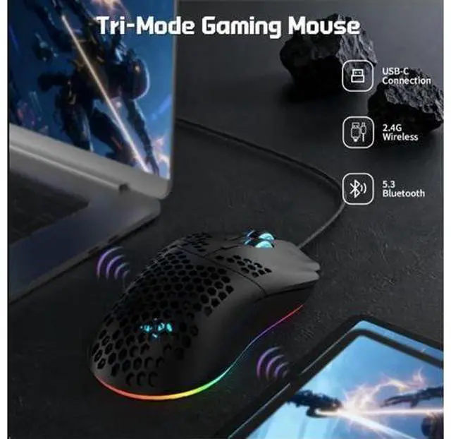Alt view image 4 of 7 - Wireless Gaming Mouse, Tri-Mode Wireless Mouse, Superlight Honeycomb Design PAW3212 3600DPI Sensor 1000Hz Polling Rate Bluetooth/2.4Ghz/Wired Ergonomic PC Mice RGB Light Programmable Buttons