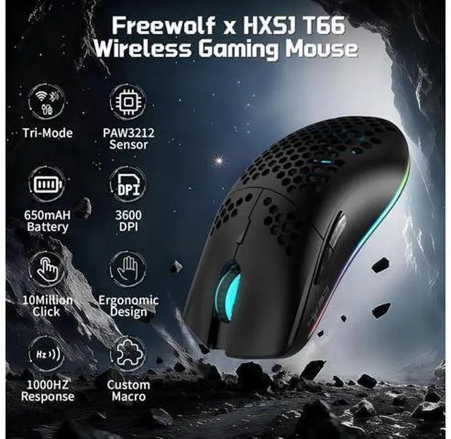 Alt view image 2 of 7 - Wireless Gaming Mouse, Tri-Mode Wireless Mouse, Superlight Honeycomb Design PAW3212 3600DPI Sensor 1000Hz Polling Rate Bluetooth/2.4Ghz/Wired Ergonomic PC Mice RGB Light Programmable Buttons