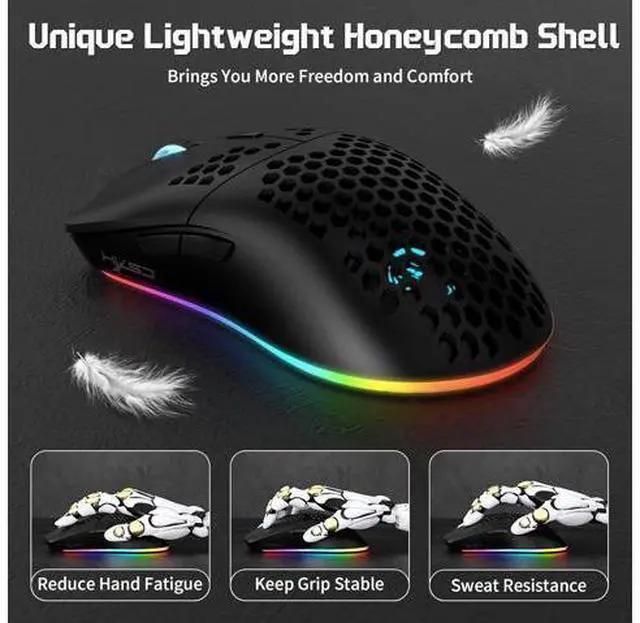 Alt view image 6 of 7 - Wireless Gaming Mouse, Tri-Mode Wireless Mouse, Superlight Honeycomb Design PAW3212 3600DPI Sensor 1000Hz Polling Rate Bluetooth/2.4Ghz/Wired Ergonomic PC Mice RGB Light Programmable Buttons