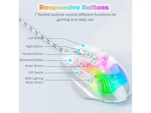 Alt view image 4 of 7 - Gaming Mouse with Transparent Crystal Shell, Customizable RGB LED Lights, Wired USB Optical Office Mice with Side Buttons, Adjustable DPI Up to12800 dpi, Comfortable Grip for PC/Laptop/Mac
