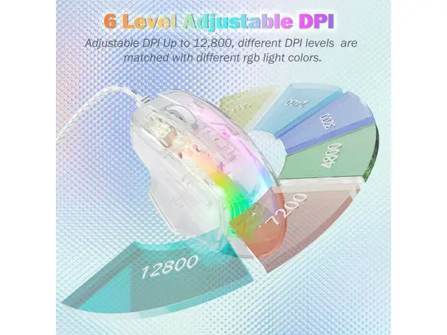 Alt view image 3 of 7 - Gaming Mouse with Transparent Crystal Shell, Customizable RGB LED Lights, Wired USB Optical Office Mice with Side Buttons, Adjustable DPI Up to12800 dpi, Comfortable Grip for PC/Laptop/Mac