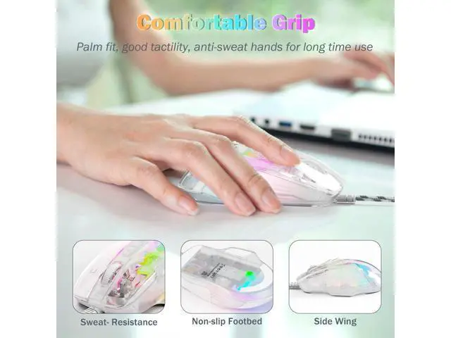 Alt view image 6 of 7 - Gaming Mouse with Transparent Crystal Shell, Customizable RGB LED Lights, Wired USB Optical Office Mice with Side Buttons, Adjustable DPI Up to12800 dpi, Comfortable Grip for PC/Laptop/Mac