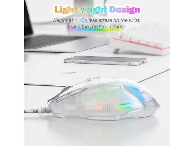 Alt view image 5 of 7 - Gaming Mouse with Transparent Crystal Shell, Customizable RGB LED Lights, Wired USB Optical Office Mice with Side Buttons, Adjustable DPI Up to12800 dpi, Comfortable Grip for PC/Laptop/Mac