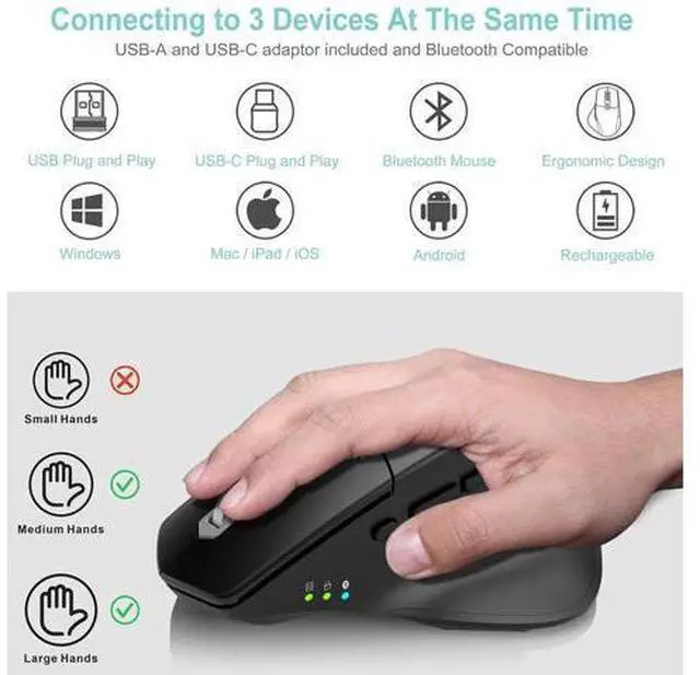 Alt view image 2 of 7 - Multi-Device Wireless Bluetooth Mouse with Nano USB-A, USB-C Receiver Ergonomic Right Hand Silent Clicking Rechargeable Mouse for Computer Desktop PC Laptop Mac iPad and Windows 11/10 iPad OS