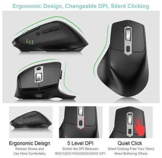 Alt view image 3 of 7 - Multi-Device Wireless Bluetooth Mouse with Nano USB-A, USB-C Receiver Ergonomic Right Hand Silent Clicking Rechargeable Mouse for Computer Desktop PC Laptop Mac iPad and Windows 11/10 iPad OS